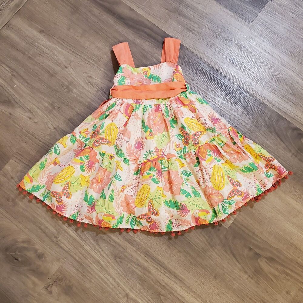 Tommy Bahama Girls 4T Pink Floral sundress tiered lightweight colorful pom poms